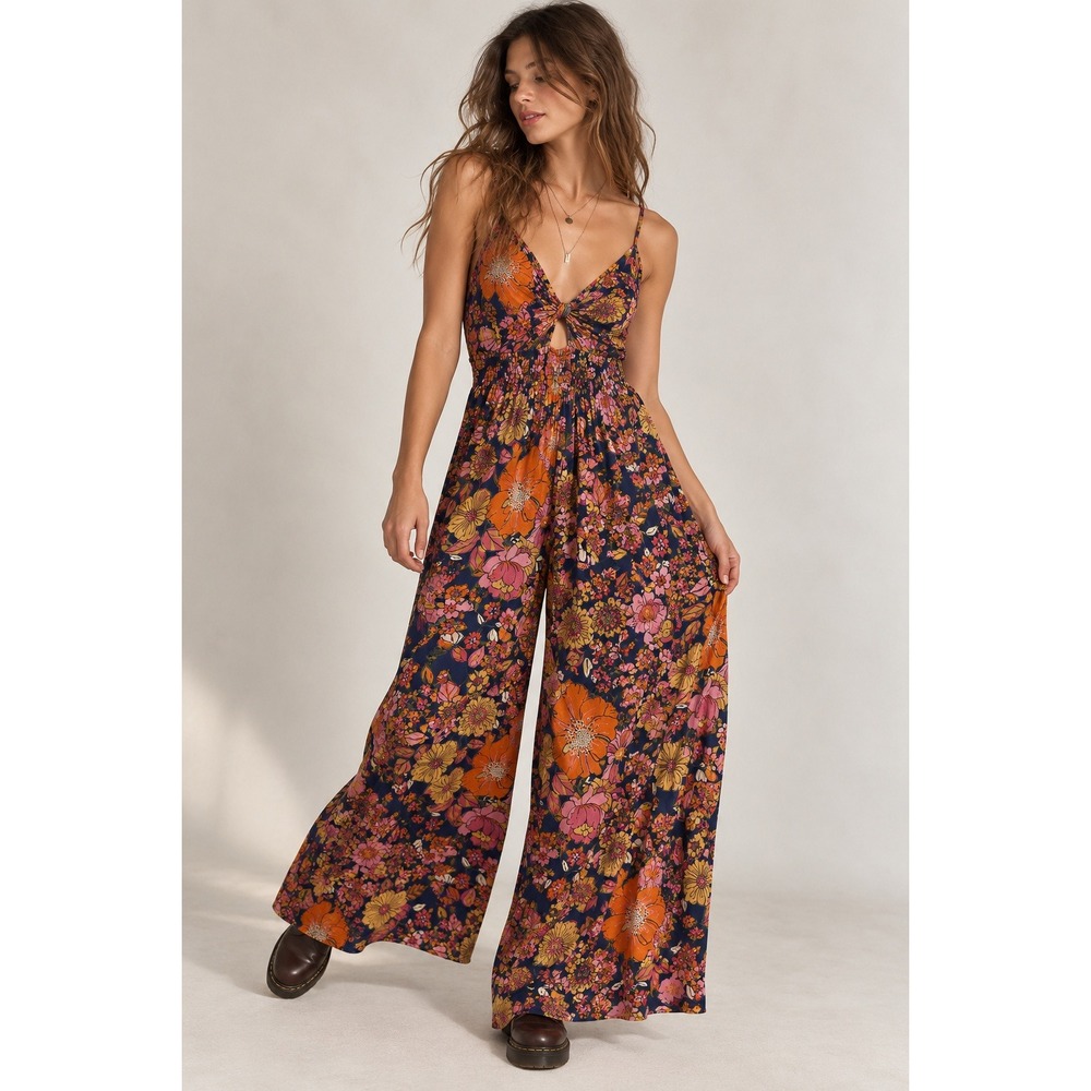 Angie Jumpsuit Large Blue Pink Floral Boho Wide Leg Smocked Hippie Festival 70s